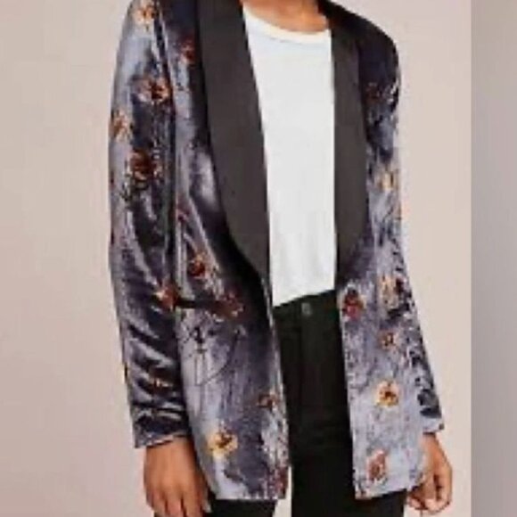 Anthropologie Small Cartonnier Velvet Floral Print Blazer Tuxedo Jacket - Picture 1 of 14